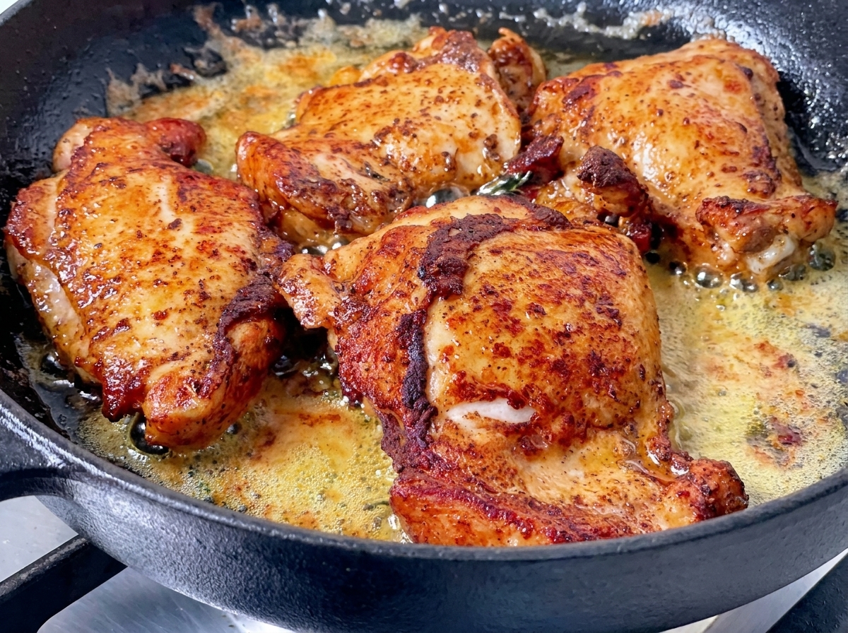 Four seasoned chicken thighs searing skin-side up in a pool of bubbling melted butter inside a cast-iron skillet, showing a deep golden-brown crust.