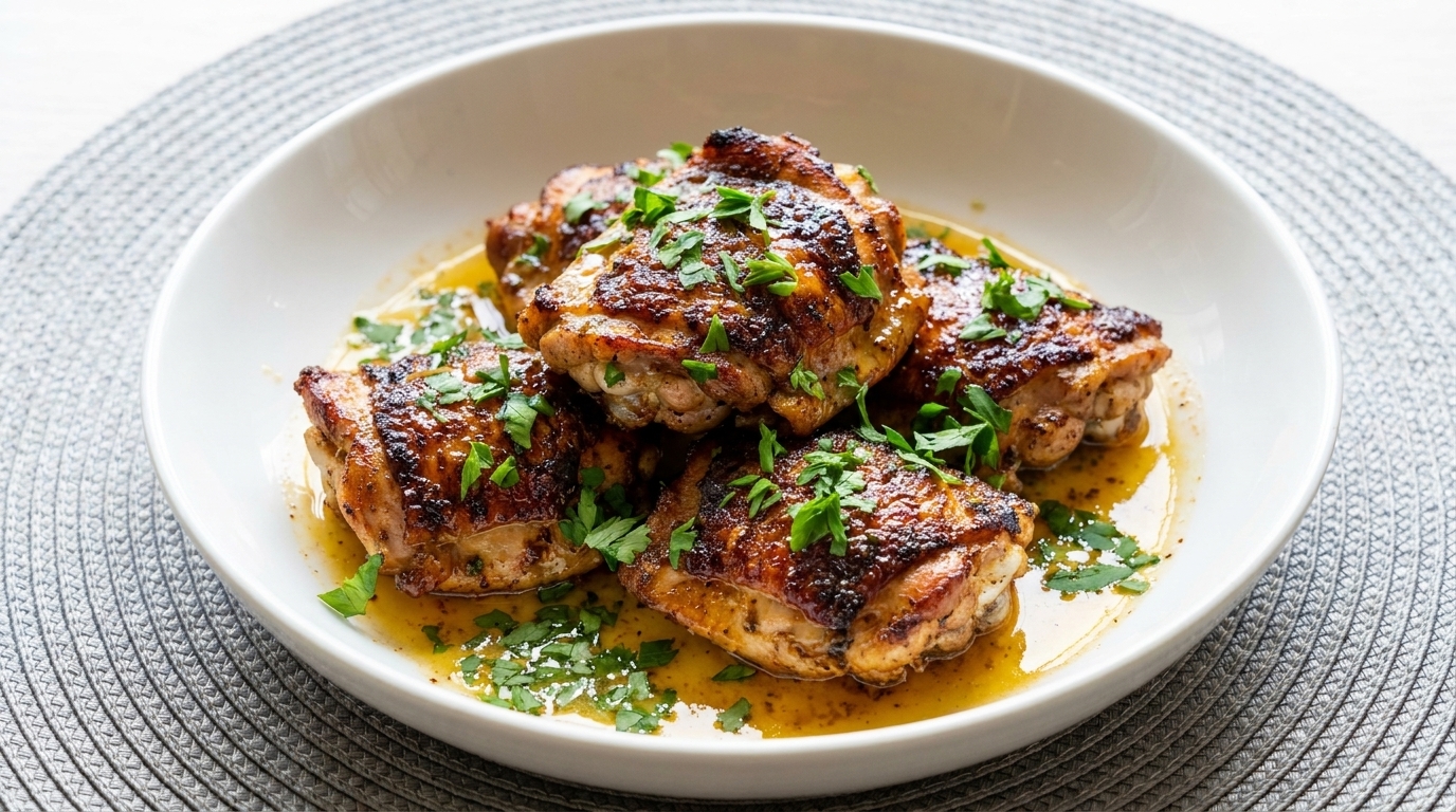 Glistening Cajun pan-seared chicken thighs served in a white ceramic bowl with a rich butter sauce and fresh parsley.
