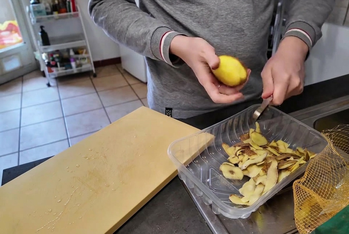 A person peeling a raw yellow potato with a small knife over a clear plastic bin containing potato peels.