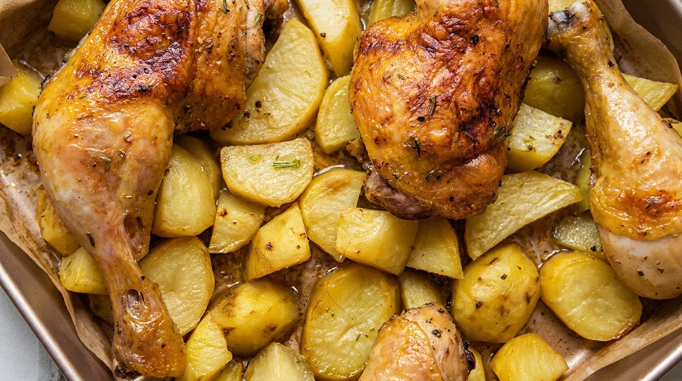 Crispy roasted chicken legs served over a bed of golden, tender potato chunks.
