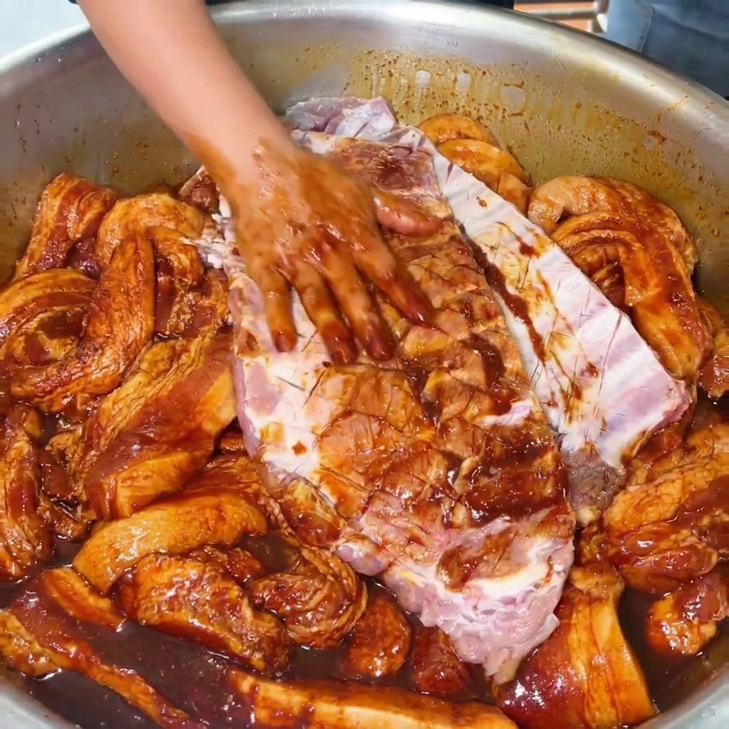 A hand thoroughly rubbing a rich, dark marinade into a large slab of raw scored pork ribs inside a stainless steel basin.