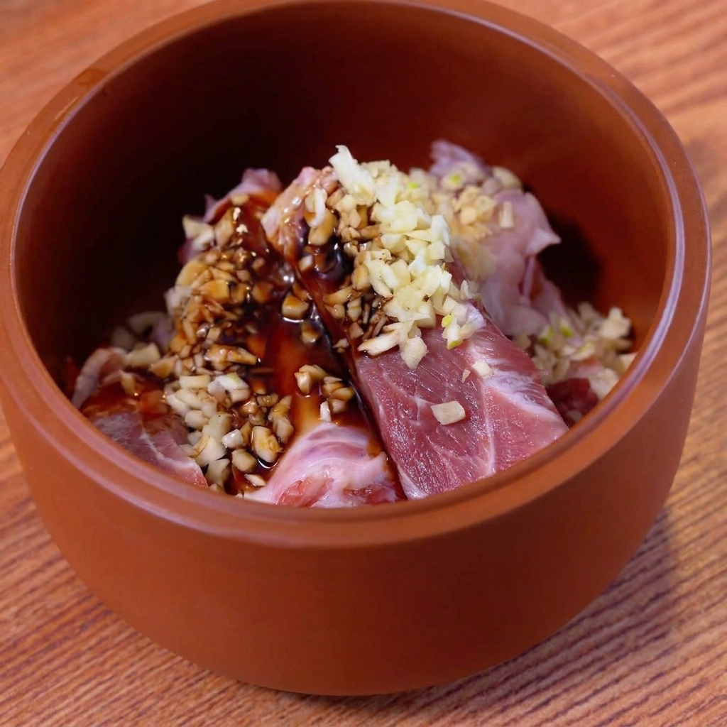 Raw pork ribs in a brown clay bowl topped with a mound of minced garlic and dark savory sauces.