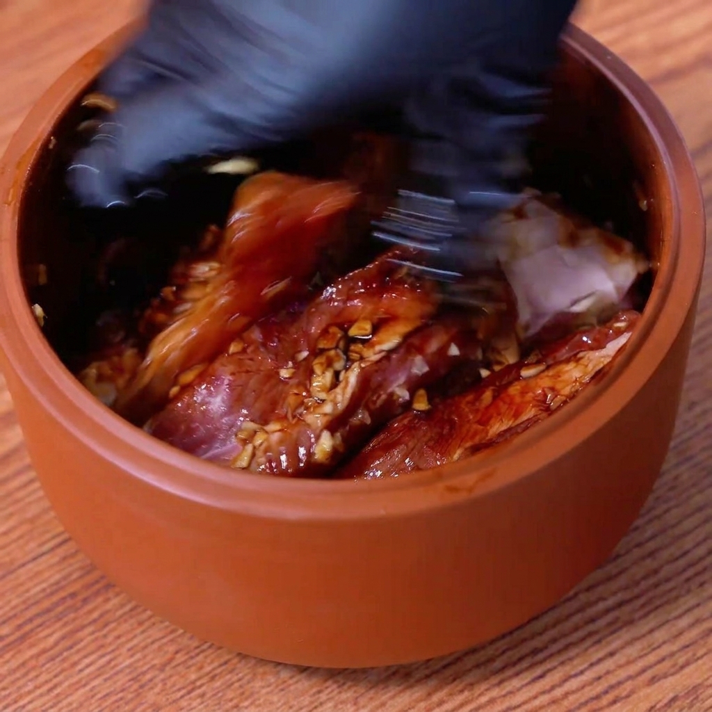 A gloved hand thoroughly mixing raw pork ribs with garlic and dark sauces inside a brown bowl.