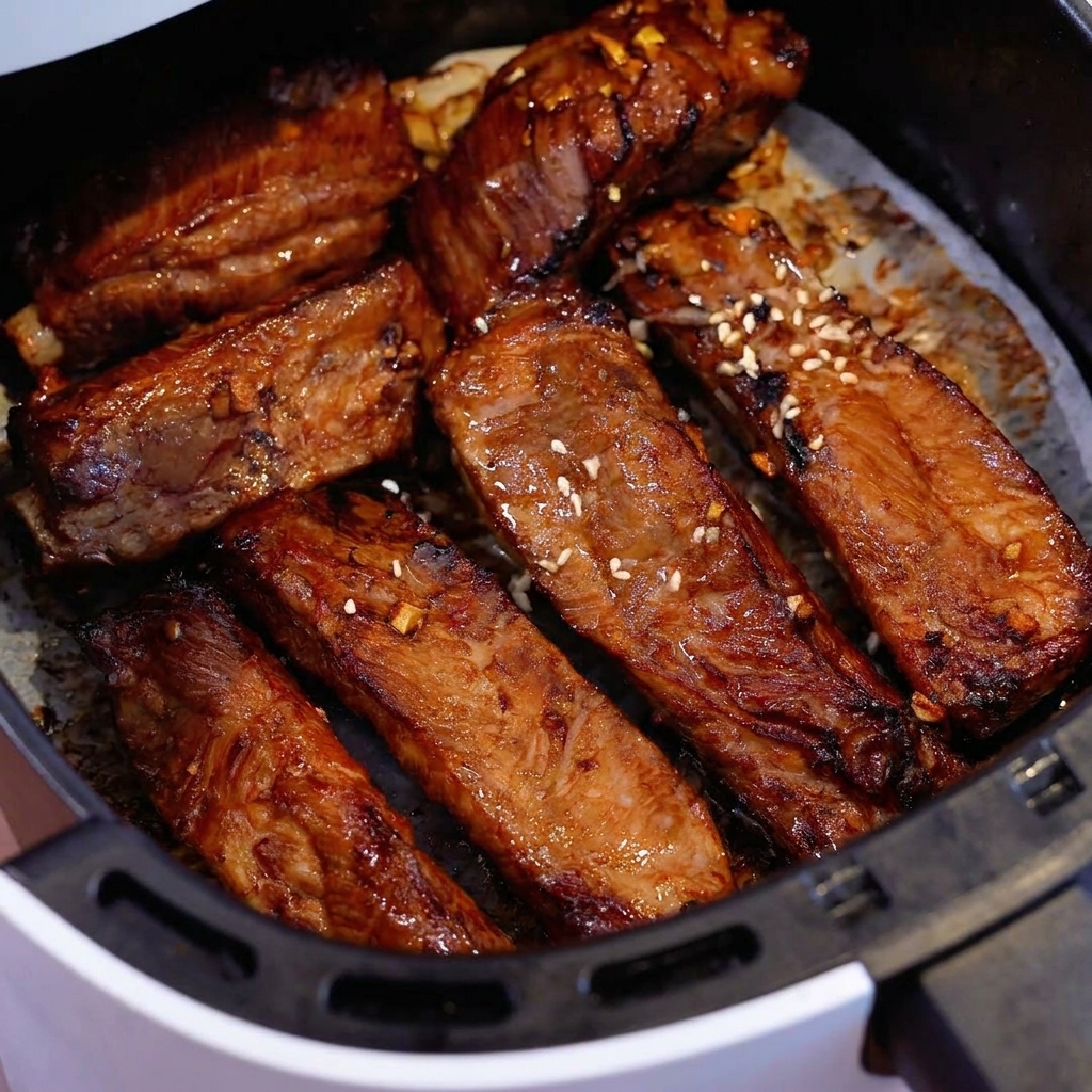 Glistening, golden-brown cooked honey pork ribs in an air fryer basket topped with white sesame seeds.