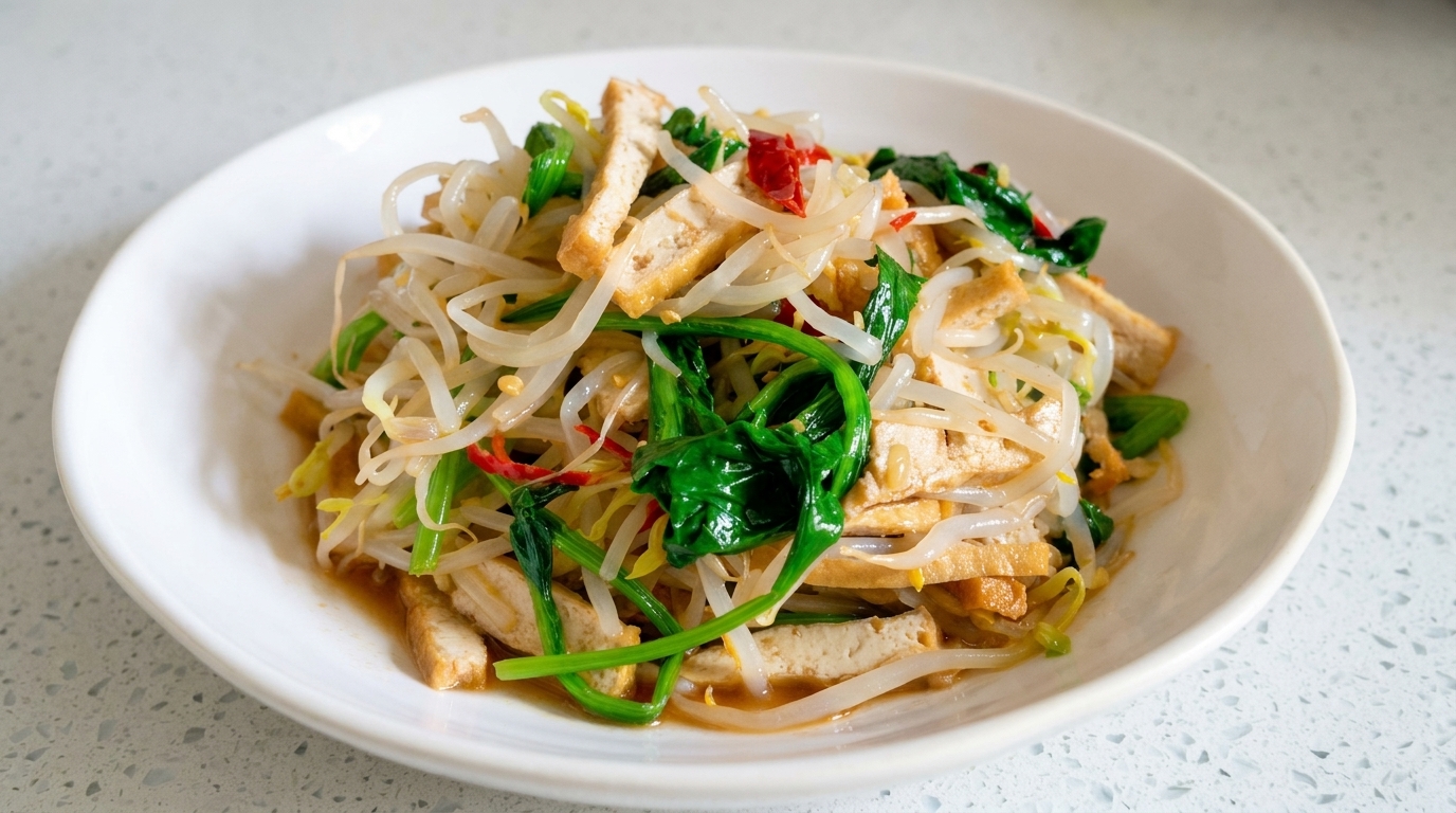 A vibrantly plated farmhouse mixed salad with crisp bean sprouts, blanched spinach, and golden fried tofu strips tossed in an aromatic garlic-chili dressing.
