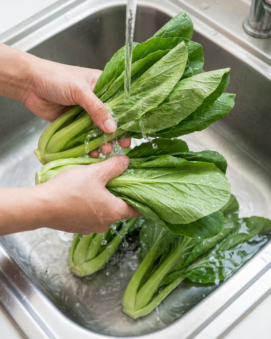 Hands washing fresh green leafy pak choi vegetables in a metal sink under a stream of cold running water.