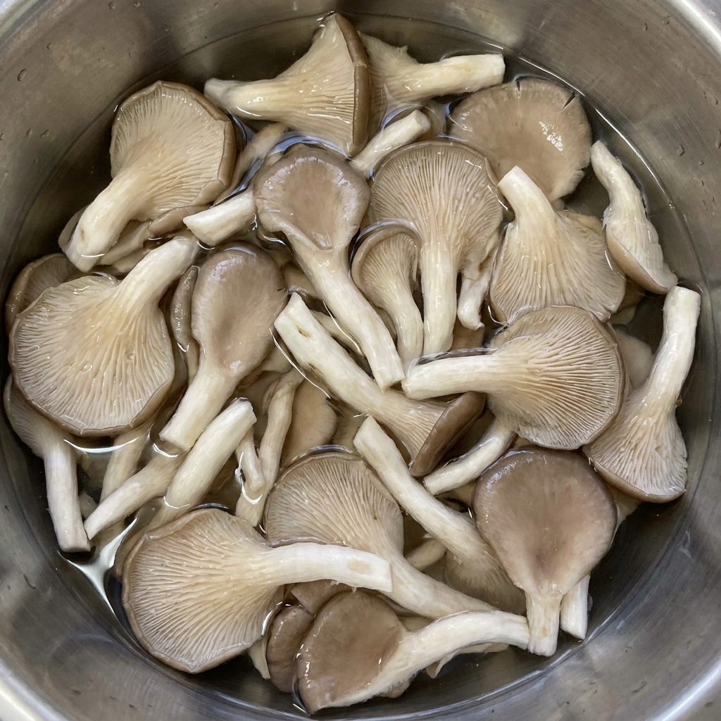 Torn pieces of raw oyster mushrooms soaking in clean water inside a round metal bowl.