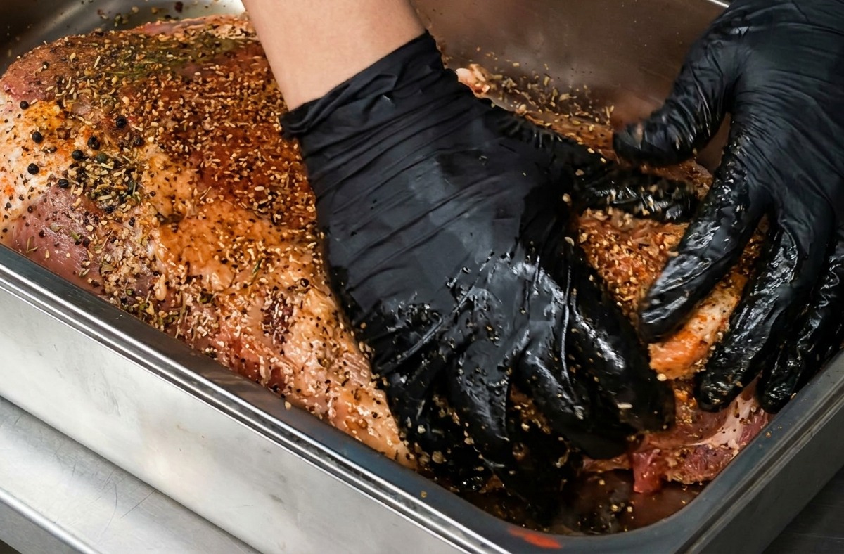 Black-gloved hands patting down a thick layer of coarse black pepper and spice rub onto a large piece of raw beef brisket in a metal tray.