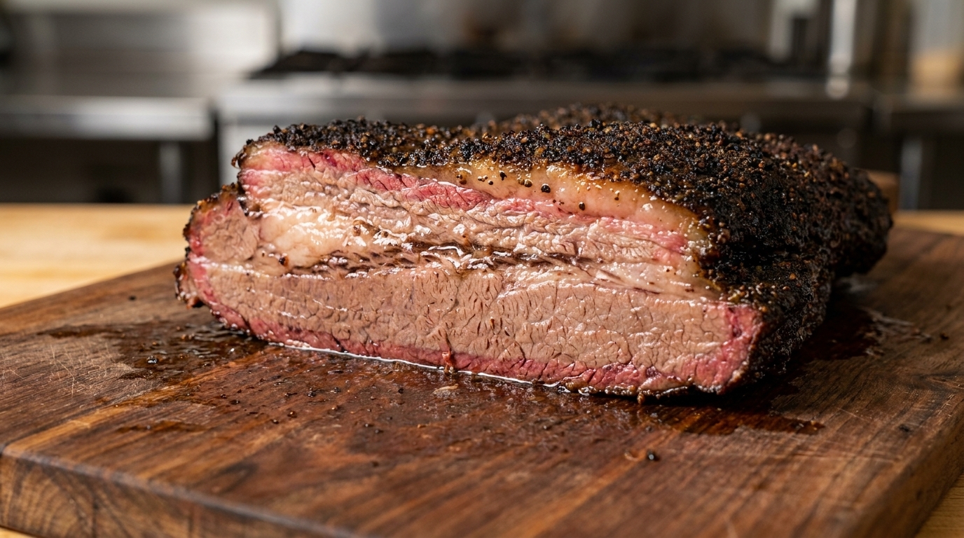A freshly sliced smoked beef brisket showing a thick pepper bark, vibrant smoke ring, and juicy marbled fibers