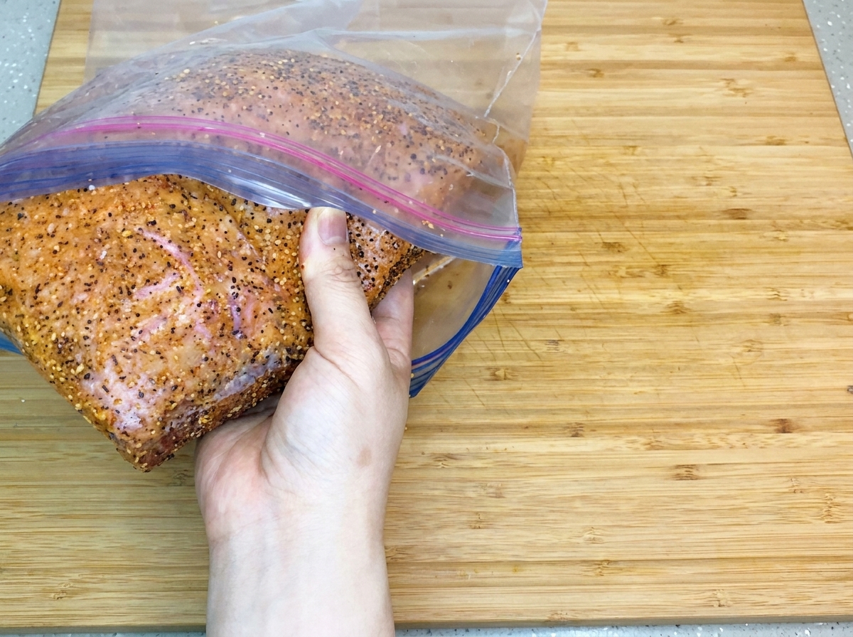 A hand placing a well-seasoned, spice-rubbed piece of beef brisket into a clear plastic ziplock bag on a wooden cutting board.