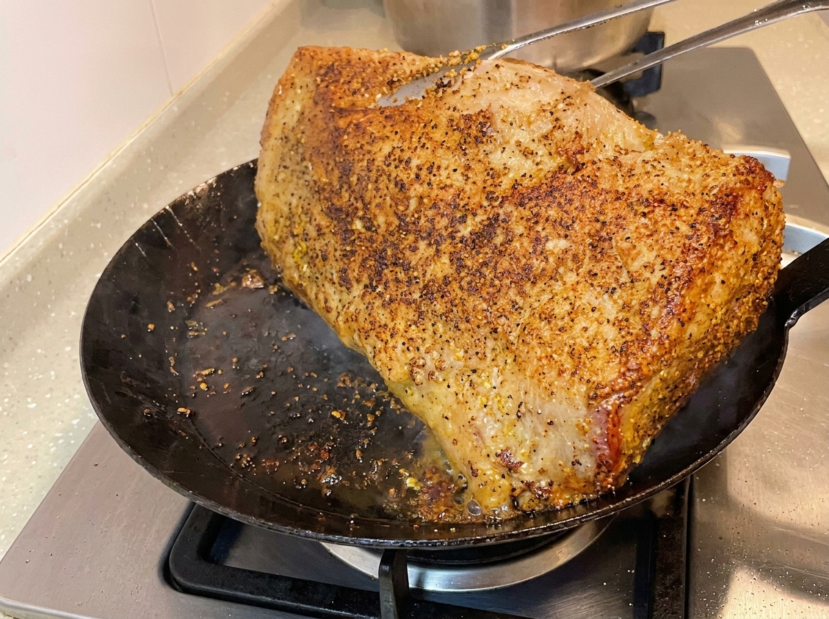 Kitchen tongs lifting and turning a thick piece of beef brisket in a hot skillet, revealing a deeply browned and sizzling caramelized surface.