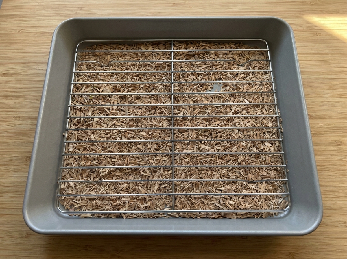 A rectangular metal wire rack resting evenly inside a square metal baking pan filled with peach wood chips.