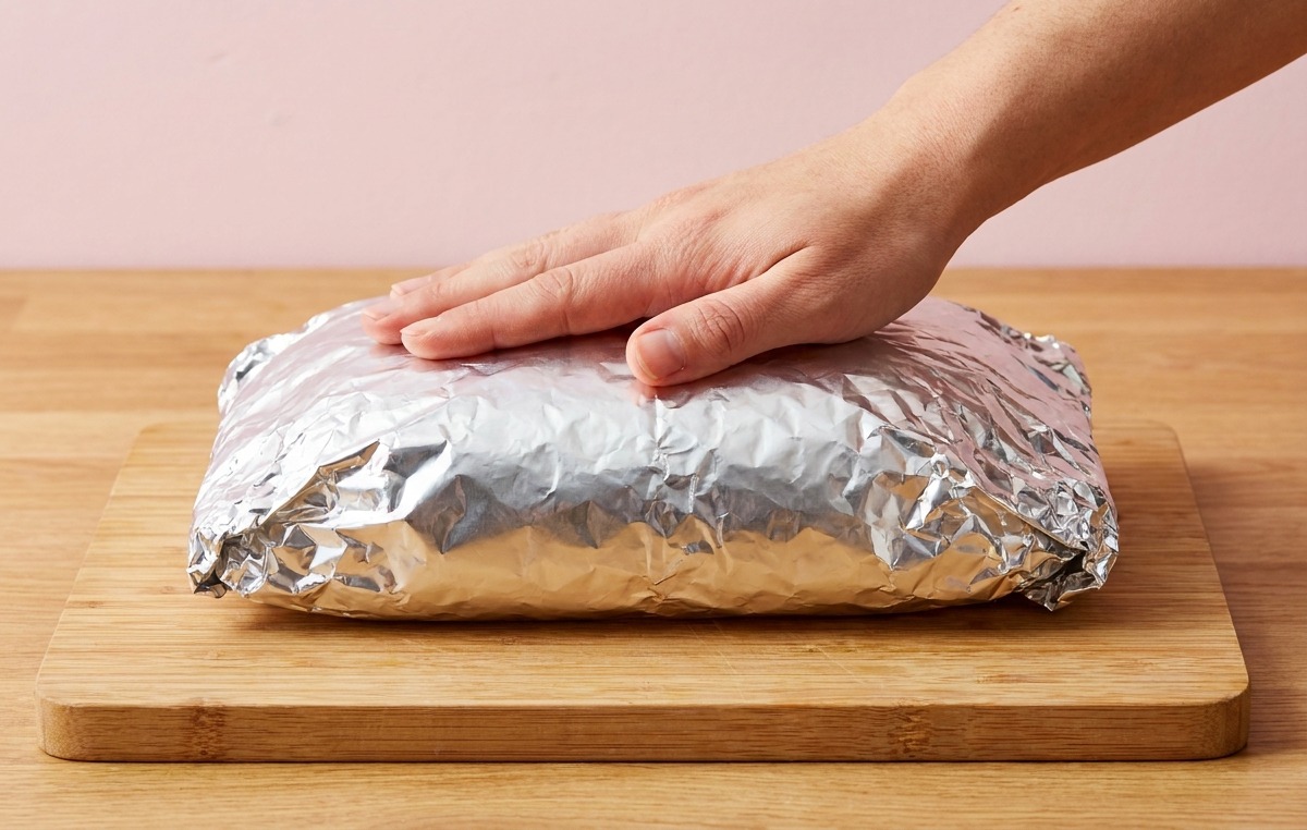 A hand firmly pressing down on a baking pan wrapped securely in aluminum foil on a wooden cutting board.