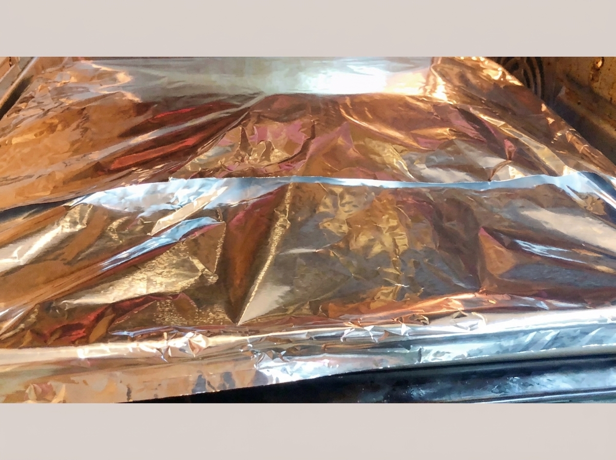 A baking pan wrapped securely in heavy-duty aluminum foil sitting on an oven rack inside a lit oven.