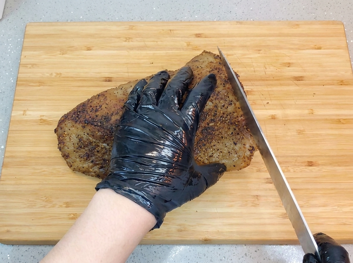 A gloved hand stabilizing a cooked piece of beef brisket on a wooden cutting board while slicing it with a long chefs knife.