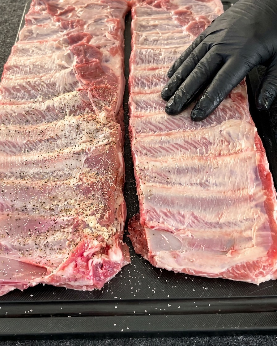 A rack of pork ribs laid flat on a dark surface, with salt, pepper, and garlic seasoning being lightly shaken across the bone side.