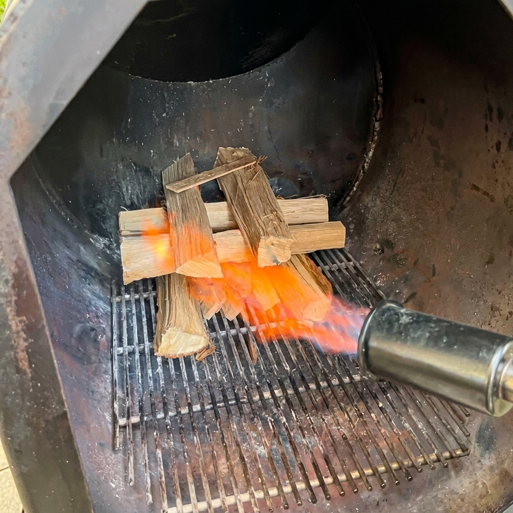 A propane torch blasting a strong orange flame directly onto a cross-stacked pile of oak wood splits inside a black steel smoker firebox.