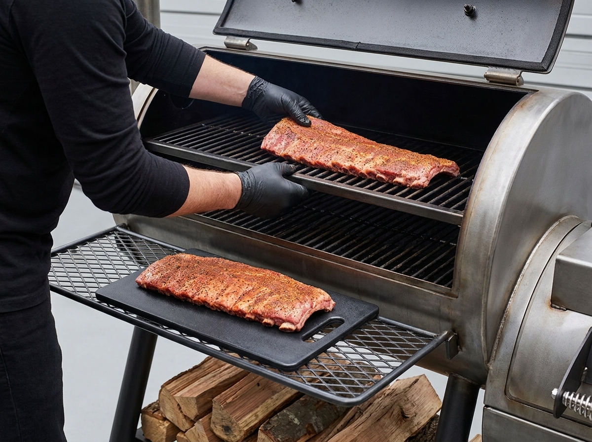 A person in a black long-sleeve shirt and black gloves loading a seasoned slab of pork ribs onto the slide-out grates of an offset smoker.