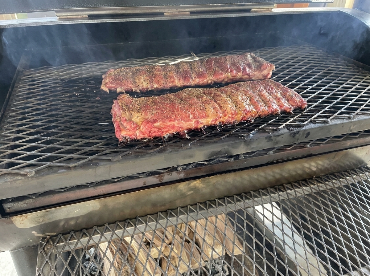 Two racks of seasoned pork ribs sitting on the expanded metal grate of an open offset smoker with smoke gently rising.