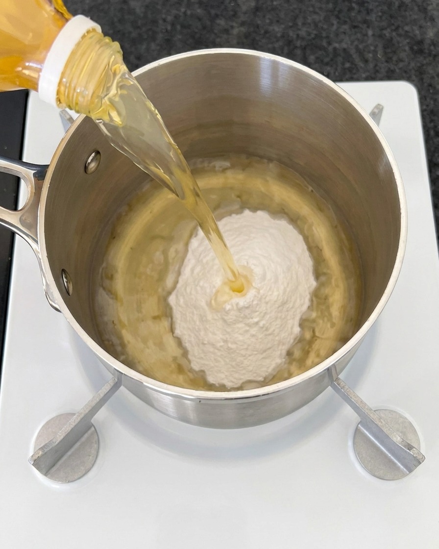 Clear amber apple cider vinegar being poured from a bottle into a small metal pot over a mound of white powder.