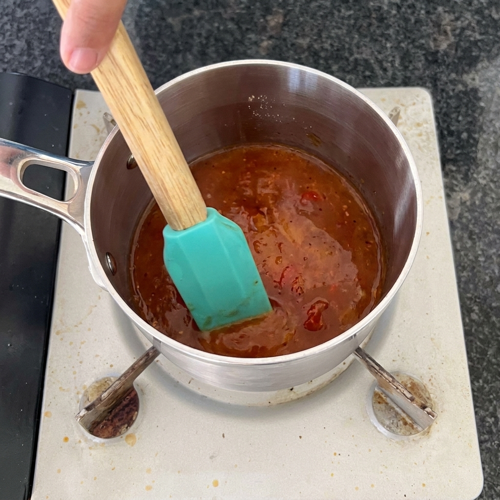 A hand stirring a reddish-brown bubbling barbecue mop sauce in a stainless steel saucepan with a turquoise spatula.