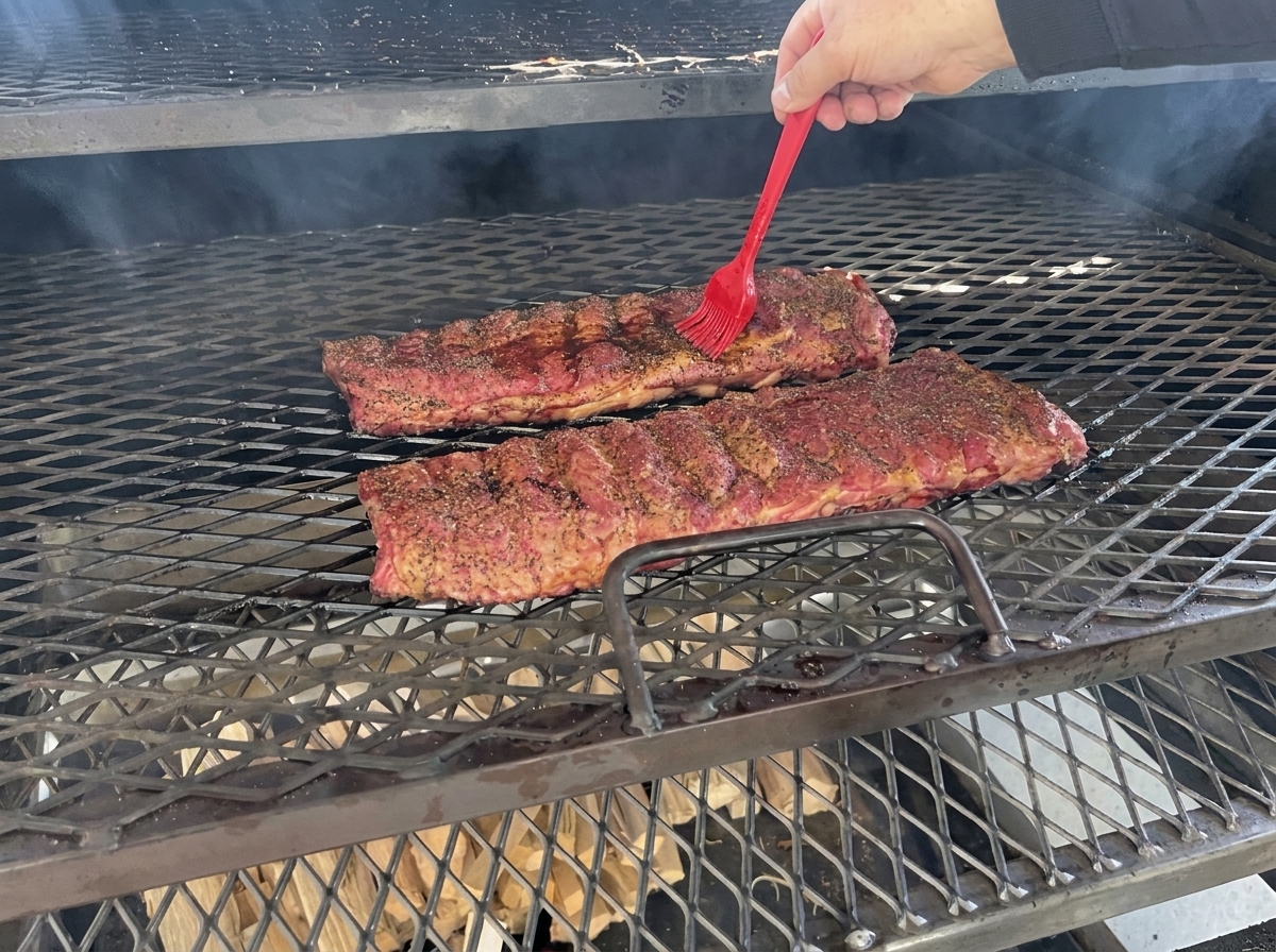 A hand using a red basting brush to coat two long racks of seasoned ribs with sauce inside a large black commercial-style smoker.