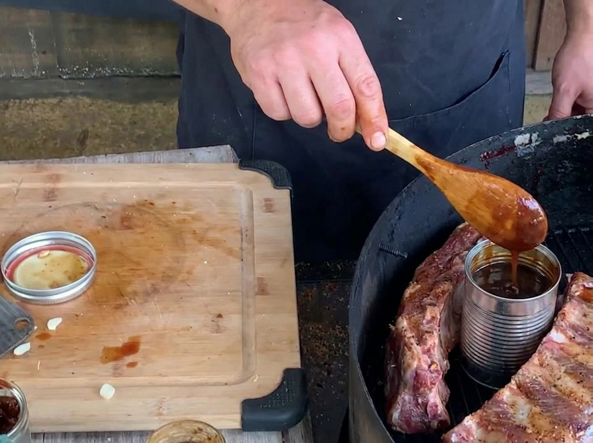 A person using a wooden spoon to pour a dark blueberry barbecue sauce into a tin can placed inside a rib cup on the grill.