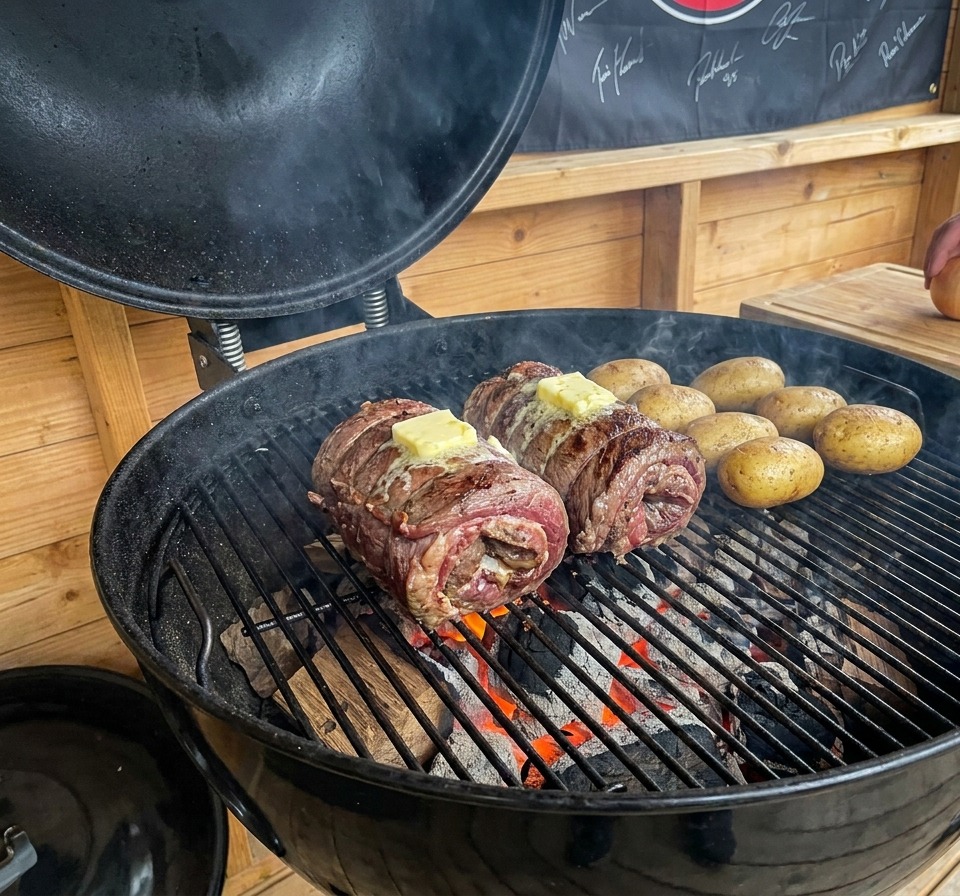 Two rolled meat cups topped with melting butter roasting on a charcoal kettle grill next to several whole potatoes.