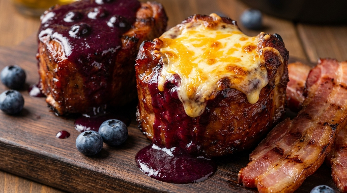 Two caramelized BBQ pork rib cups glazed with glossy blueberry barbecue sauce and topped with melted golden cheese, served alongside thick-cut grilled bacon.