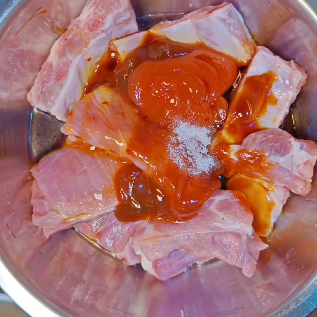 Raw pork ribs in a metal bowl topped with various sauces, a mound of salt, and seasoning paste.
