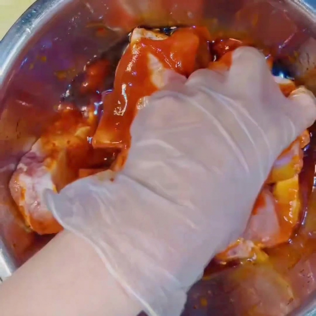 A hand in a clear plastic glove mixing raw pork ribs with red marinade sauces in a stainless steel bowl.