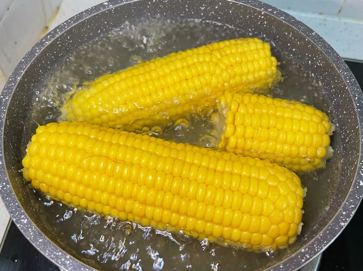Yellow sweet corn cobs boiling in a pot of bubbling water on a kitchen stove.