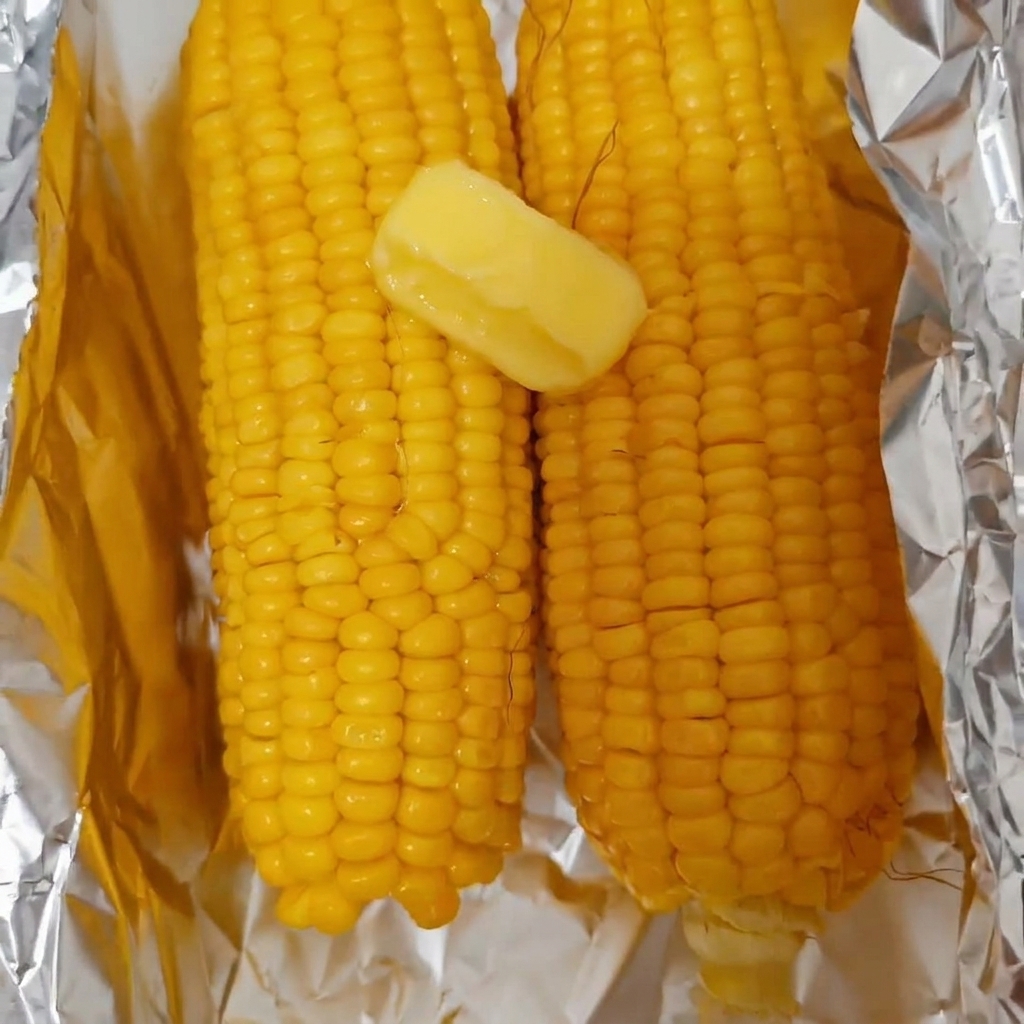 A pat of yellow butter melting over two pieces of hot boiled sweet corn on aluminum foil.