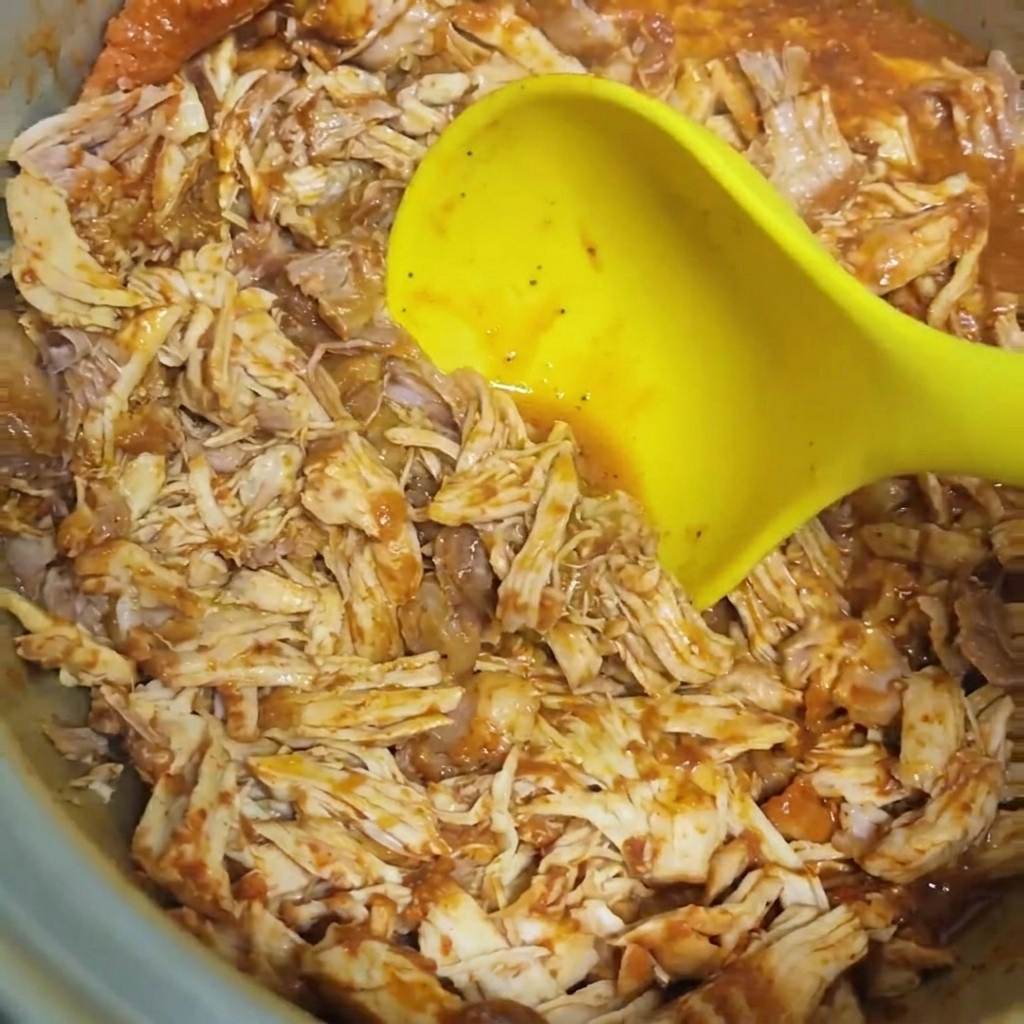 Shredded pork being mixed with a savory BBQ sauce inside a pot using a large yellow ladle.