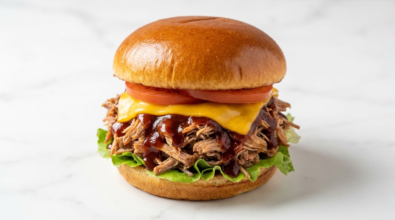 A gourmet BBQ pulled pork burger featuring melted cheddar cheese, savory shredded pork with BBQ sauce, and a fresh tomato slice on a glossy brioche bun
