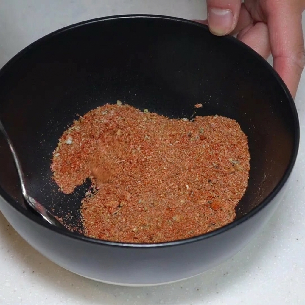A hand mixing a reddish-brown spice blend with a spoon inside a round black bowl on a counter.