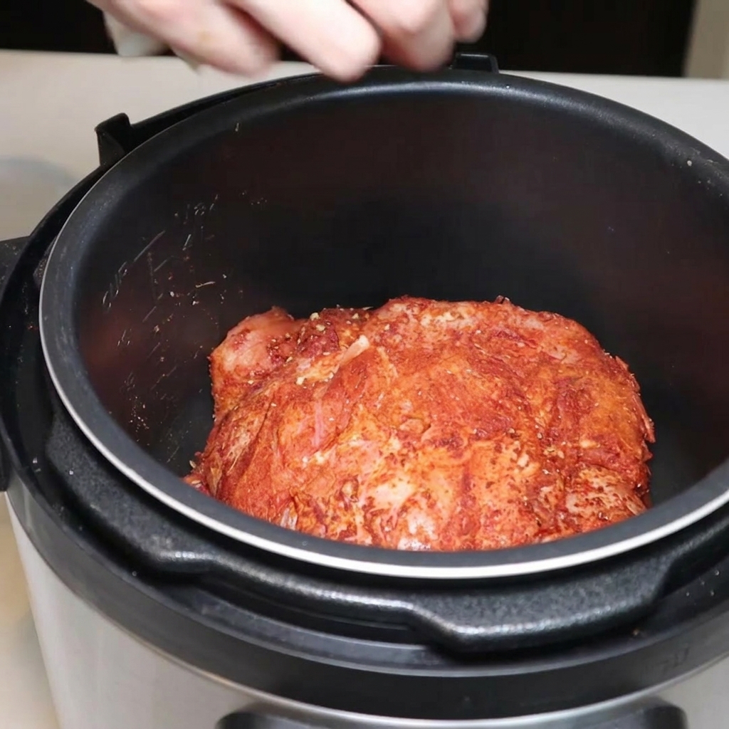 A large piece of seasoned pork shoulder resting in the black inner pot of an electric pressure cooker.
