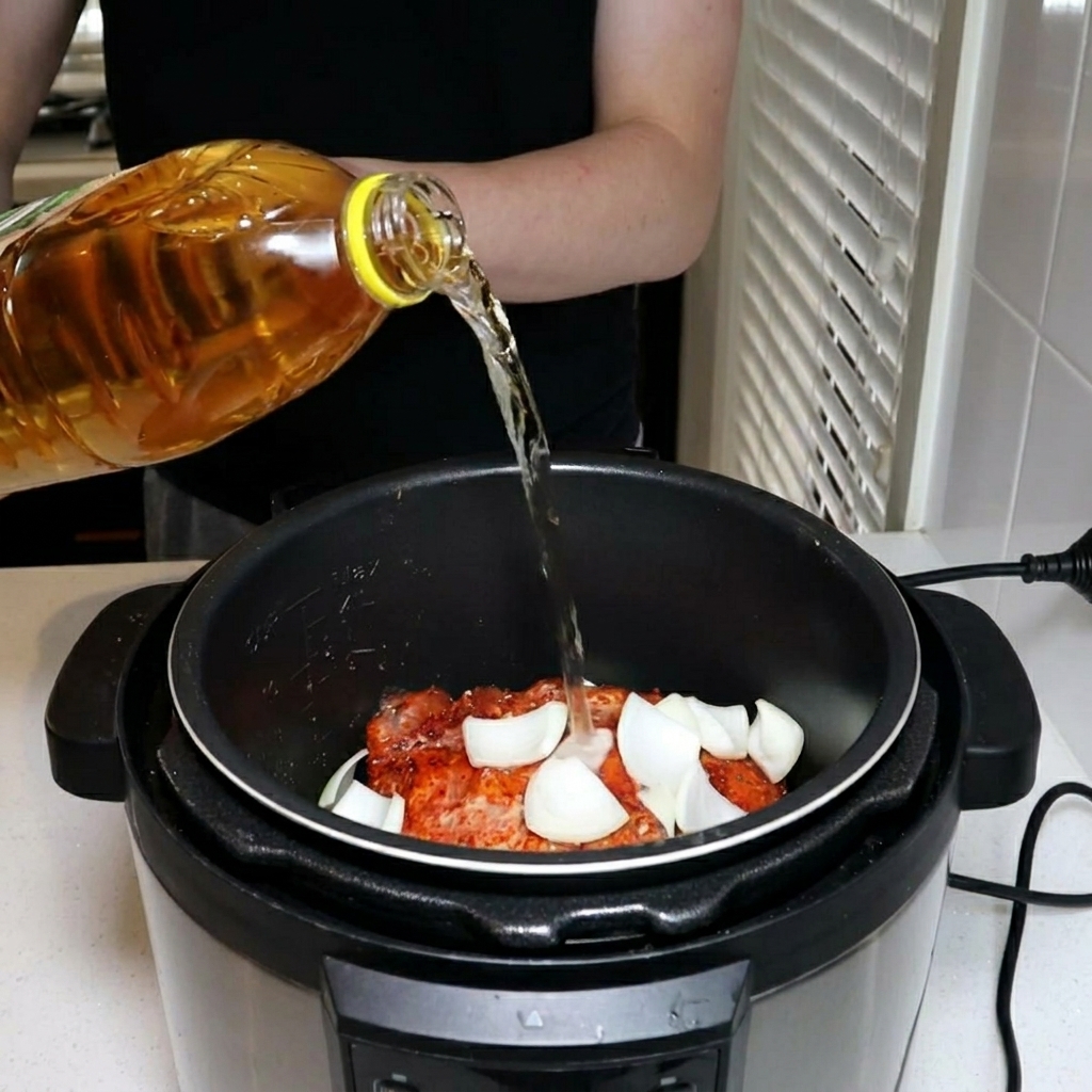 A golden liquid being poured from a large plastic bottle into an electric pressure cooker pot containing seasoned pork and white onion chunks.