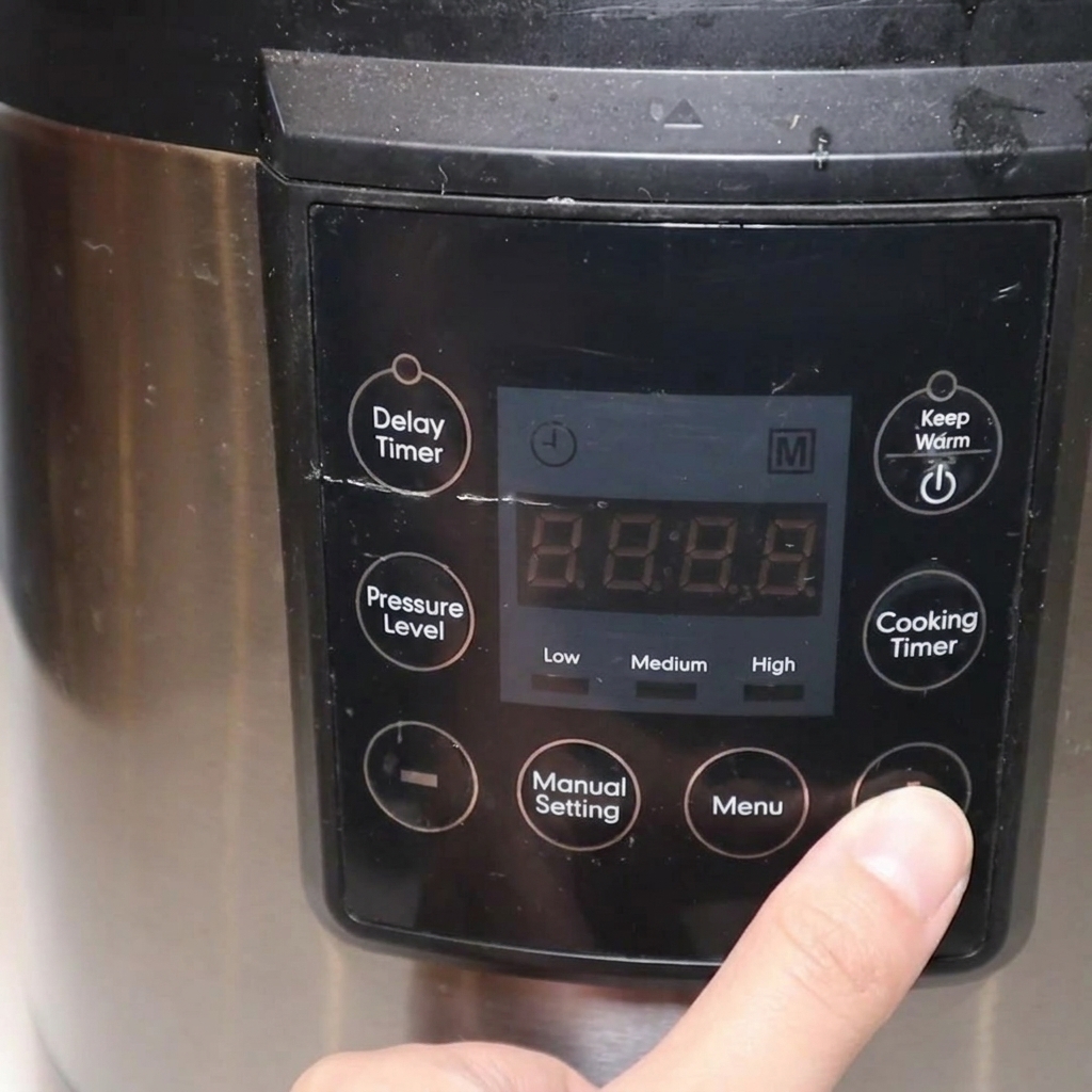 A finger pressing a button on the digital control panel of a stainless steel electric pressure cooker.