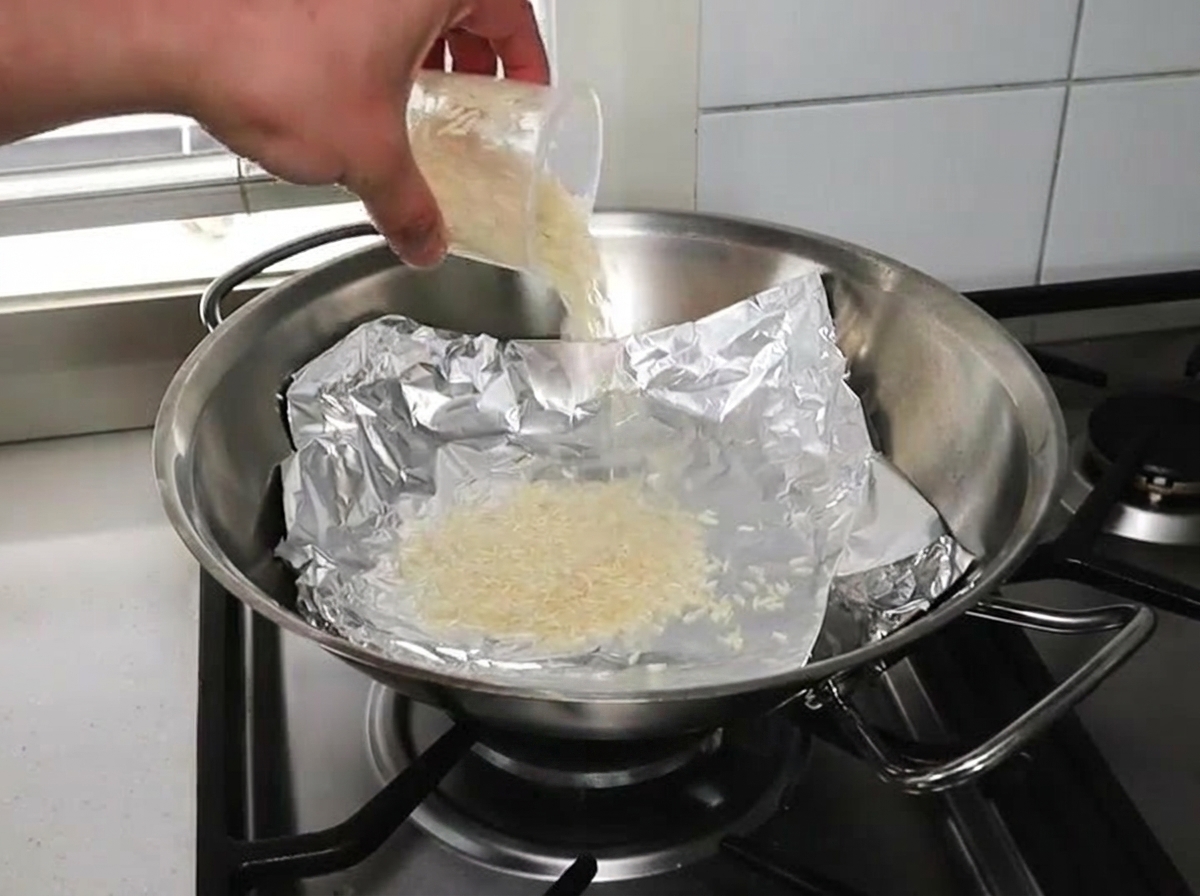 A hand pouring white rice from a plastic cup onto a sheet of aluminum foil at the bottom of a metal wok.