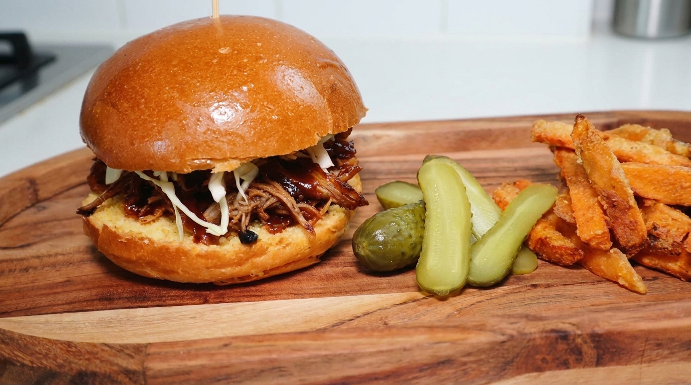 Smoked Pulled Pork Burger with Sweet Potato Fries