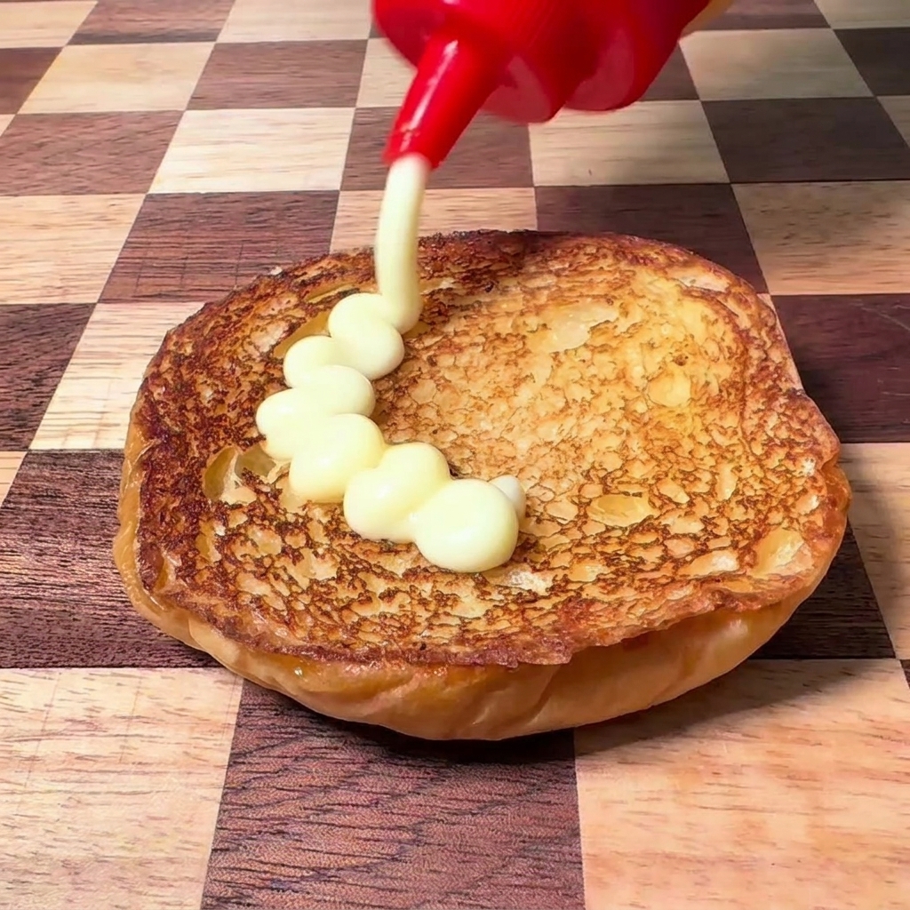 Mayonnaise being squeezed from a red dispenser onto a toasted burger bun resting on a checkerboard surface.