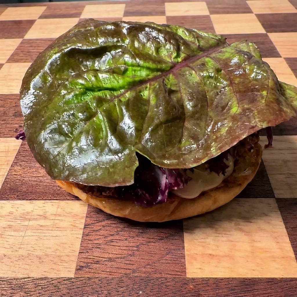 A broad, dark green lettuce leaf layered on top of a burger bun on a checkered wooden cutting board.