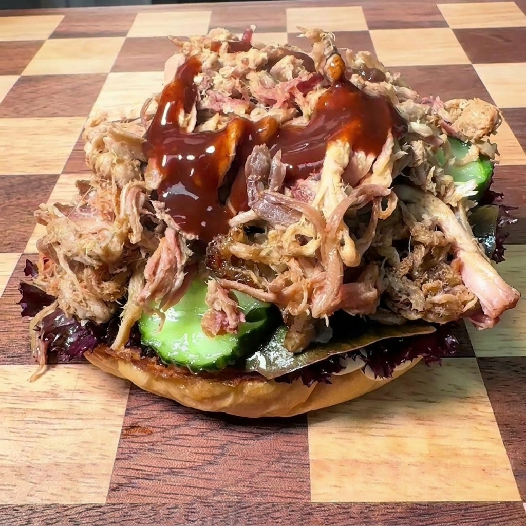Dark, glossy barbecue sauce drizzled over a substantial heap of shredded pulled pork on a burger bun.