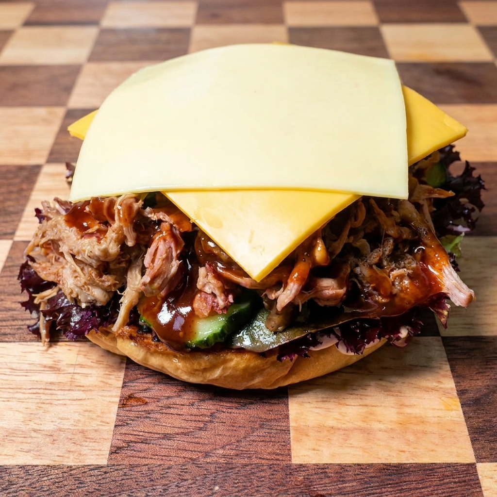 Square slices of yellow cheese placed neatly over a barbecue-sauced pulled pork burger.