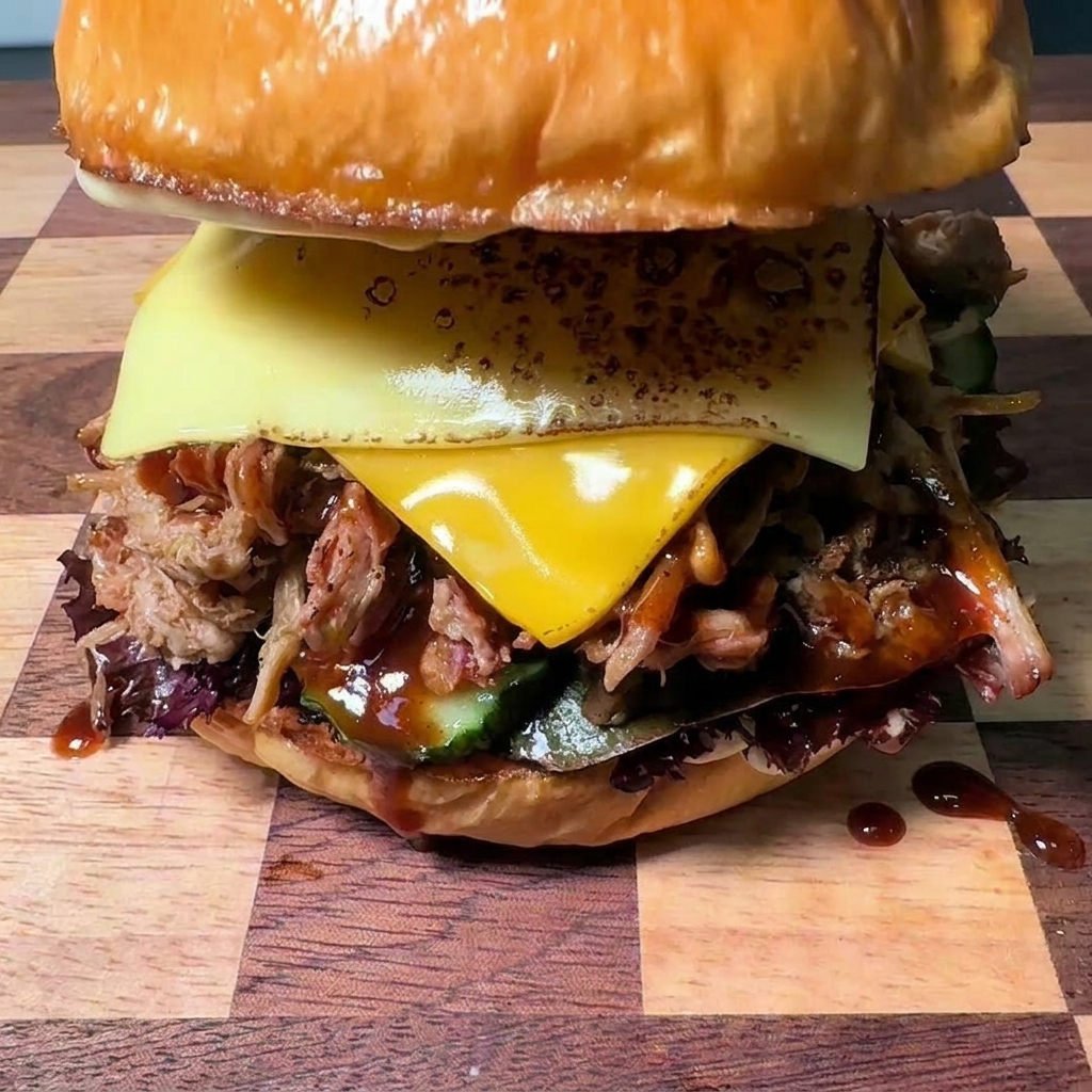 A fully stacked pulled pork burger being crowned with a golden, glossy top brioche bun.