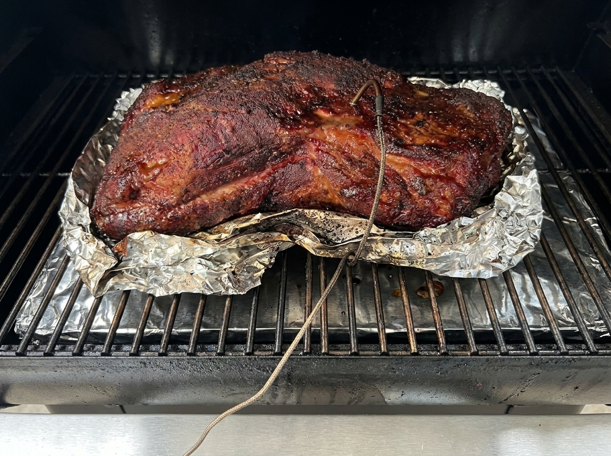 A large, dark piece of seasoned pork cooking on aluminum foil inside a stainless steel smoker with a temperature probe inserted.