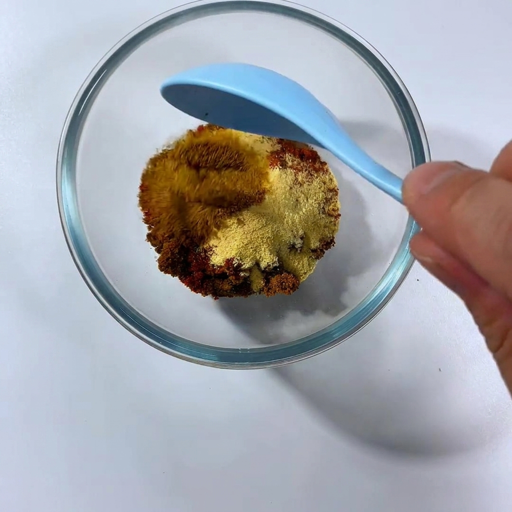 A glass bowl containing a mix of colorful spices like paprika, garlic powder, and brown sugar being stirred with a blue spoon.