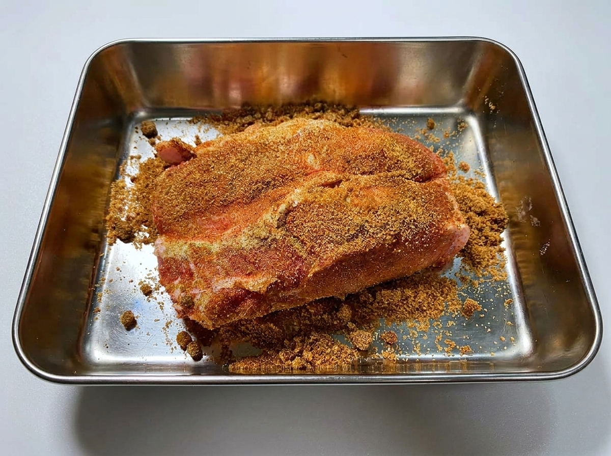 A large piece of raw pork shoulder coated thoroughly in a reddish-brown dry rub spice mixture inside a metal tray.