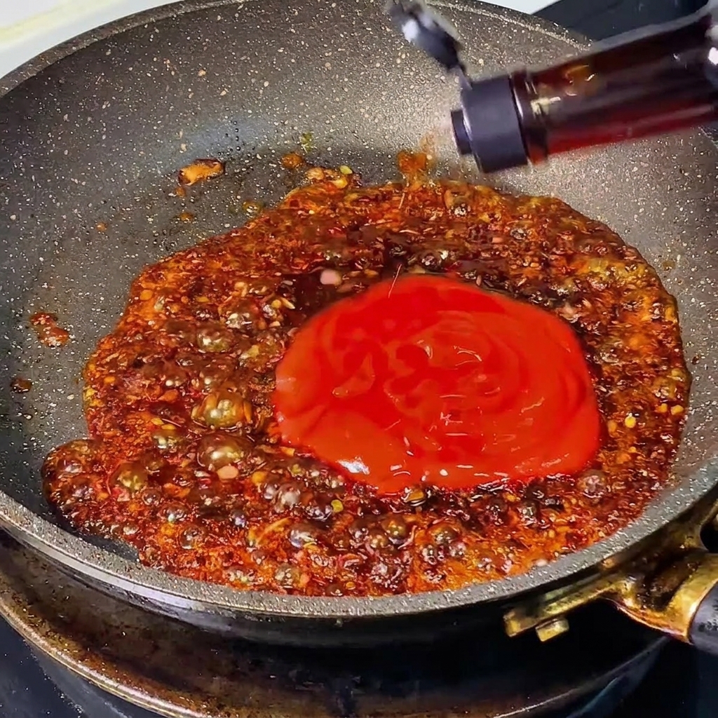 Thick red ketchup and dark sauces being added to a bubbling, caramelized onion mixture in a skillet.